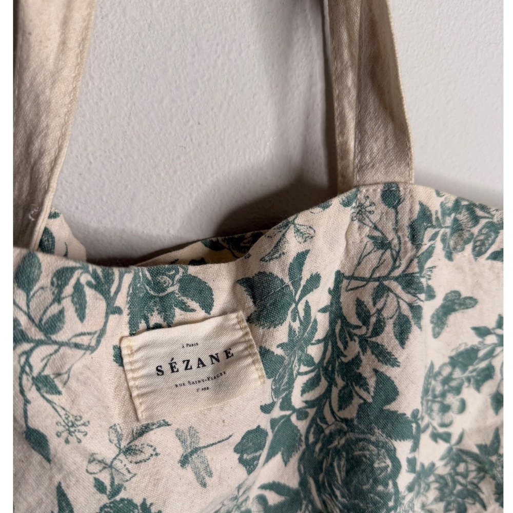 Sezane Women's Green White Floral Print Canvas Tote Bag Reusable Shopping Chic - Picture 5 of 7